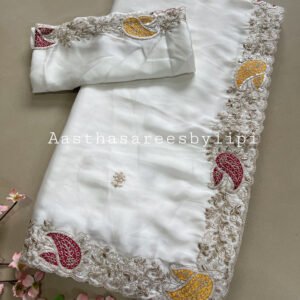 Pitta Border White Dola Silk Saree