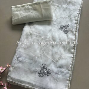 White Thread Work Chiffon Saree