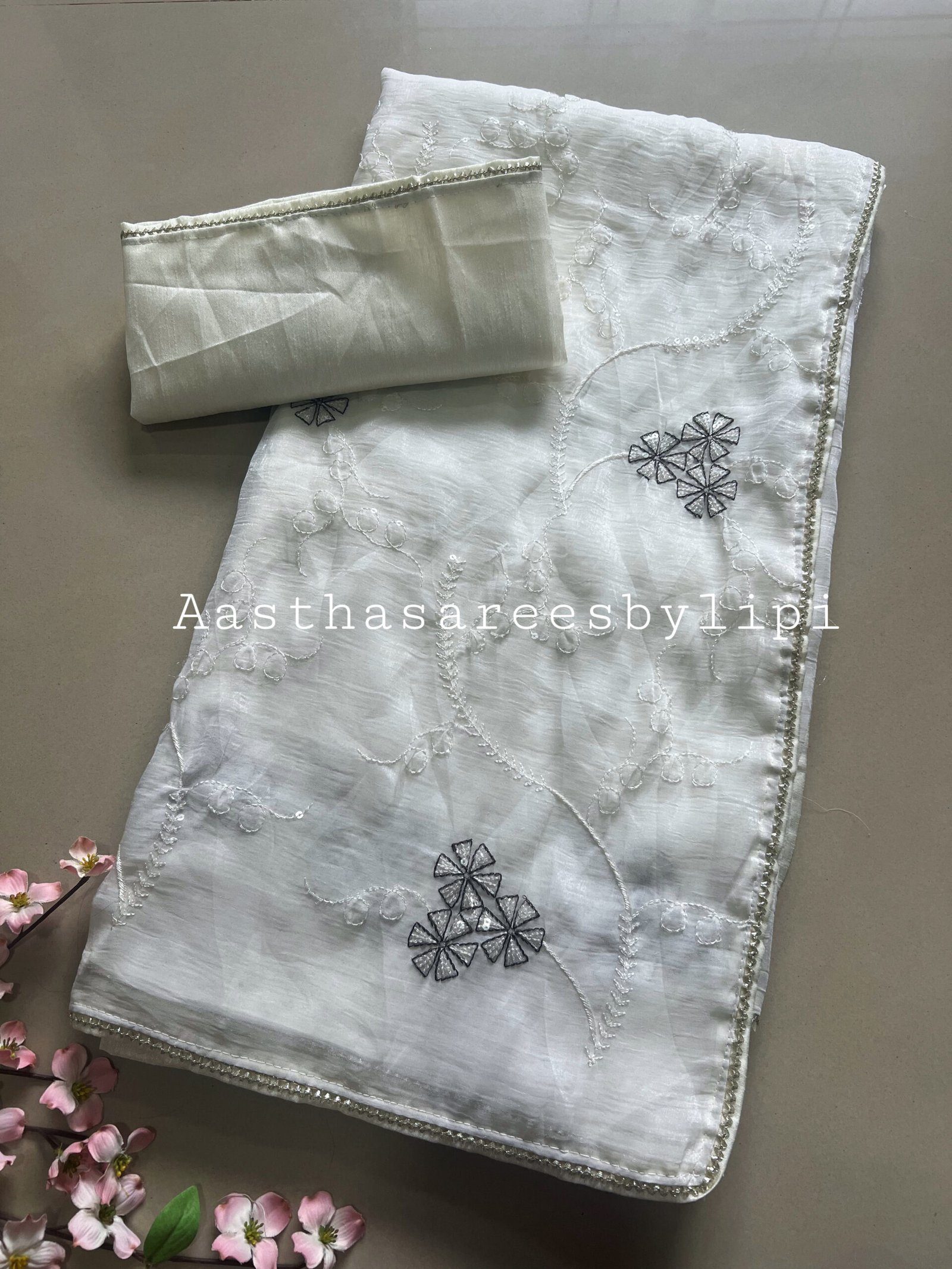 White Thread Work Chiffon Saree