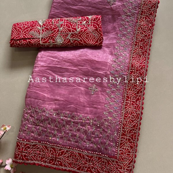 Bandhej Blouse Border Soft Crush Organza Saree