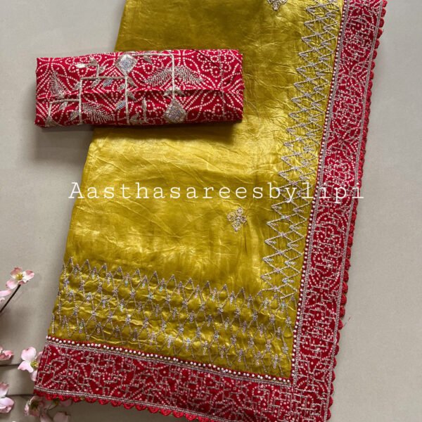 Bandhej Blouse Border Soft Crush Organza Saree