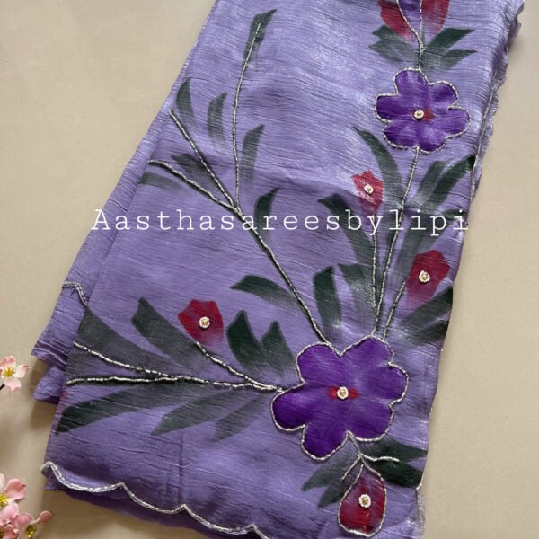 Brush Print Hand Work Shimmer Chiffon Sarees