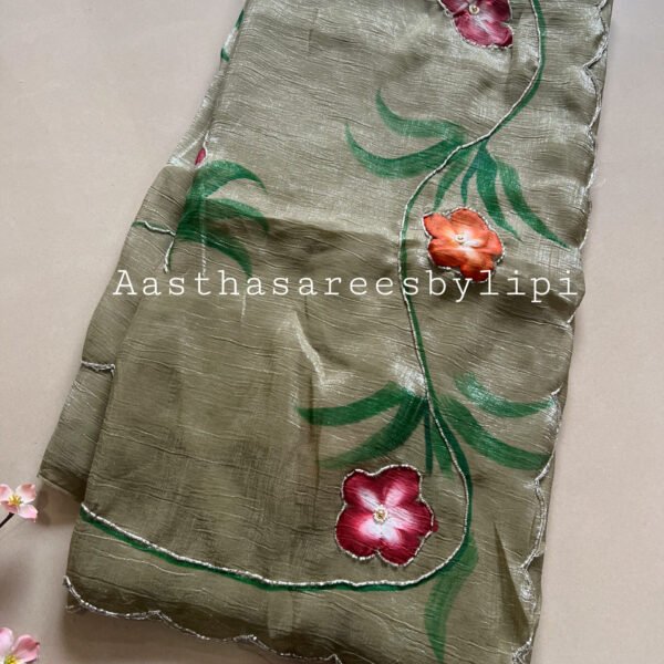 Brush Print Hand Work Shimmer Chiffon Sarees