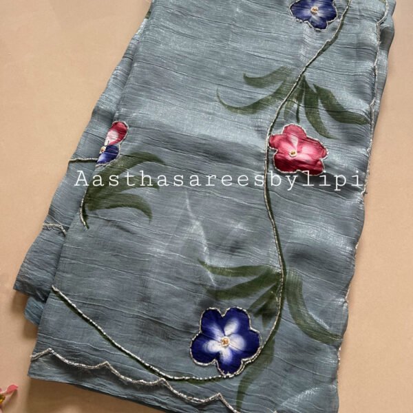 Brush Print Hand Work Shimmer Chiffon Sarees