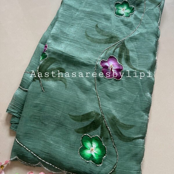 Brush Print Hand Work Shimmer Chiffon Sarees