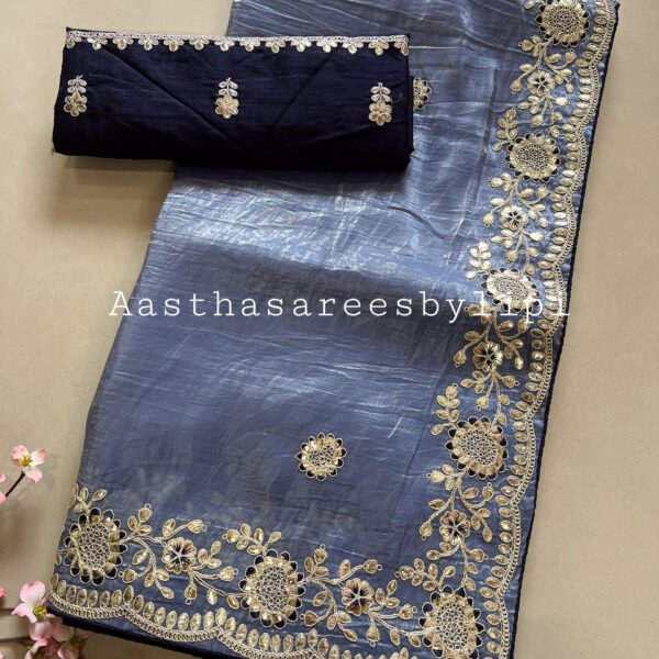 Crushed Glass Organza Embroidered Work Sarees