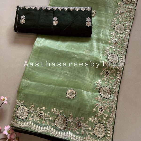 Crushed Glass Organza Embroidered Work Sarees