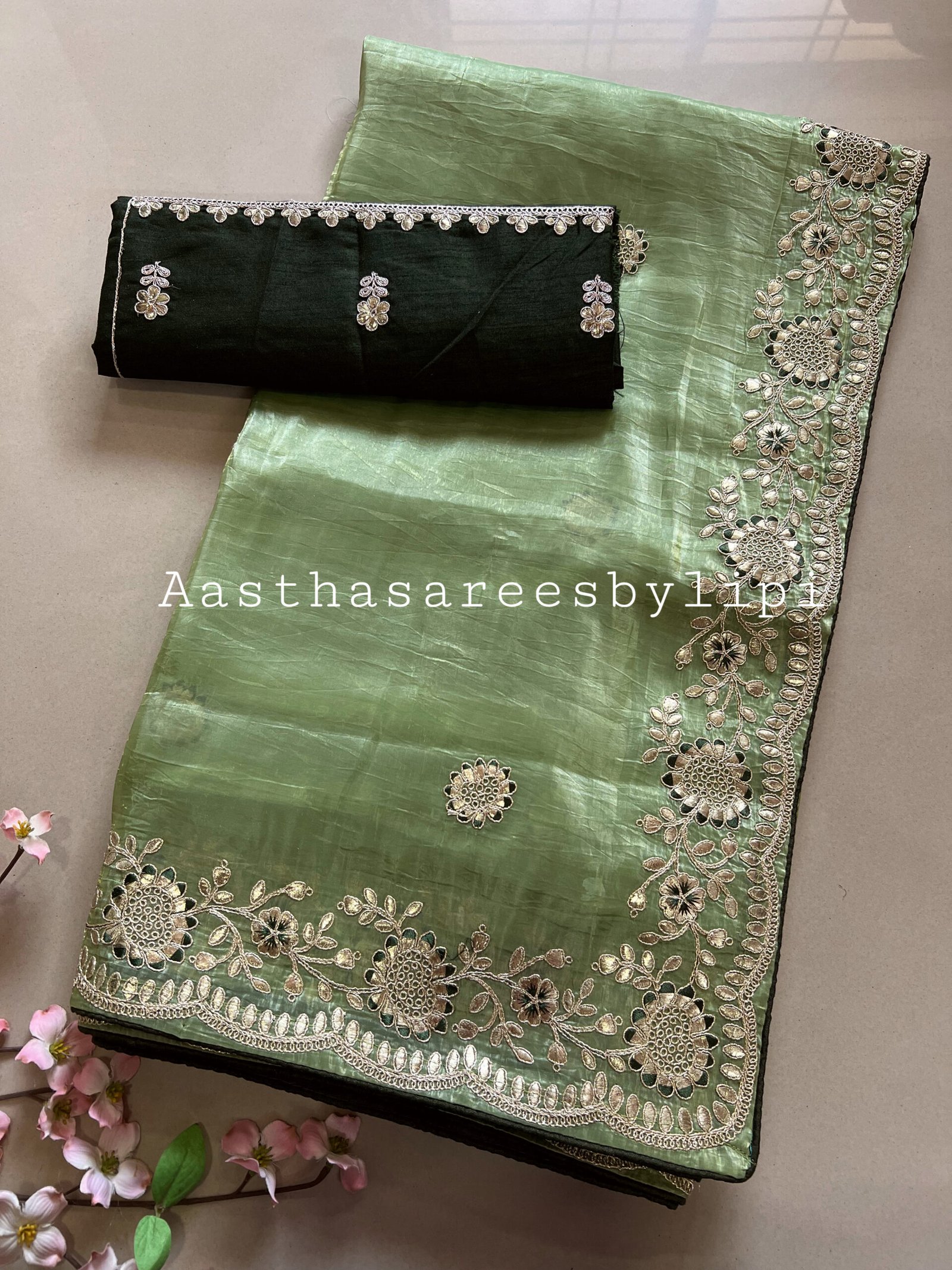 Crushed Glass Organza Embroidered Work Sarees