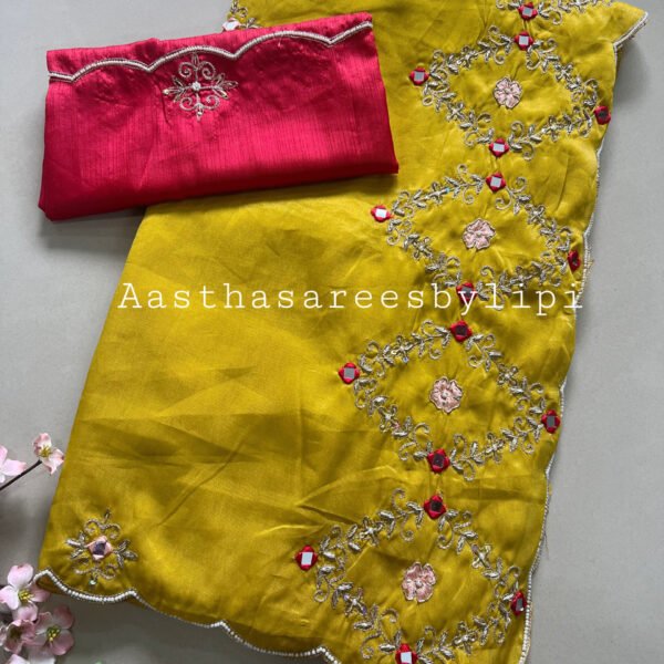 Mirror work Hand Detailing Shimmer Silk Saree