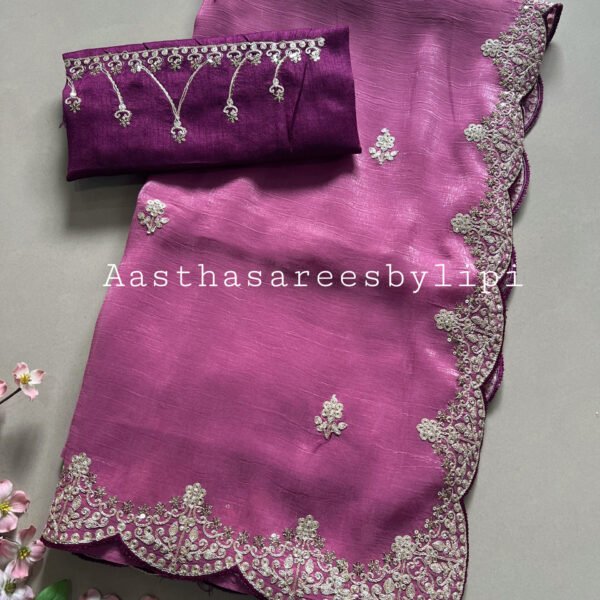 Cut Work Pitta Border Shimmer Chiffon Sarees