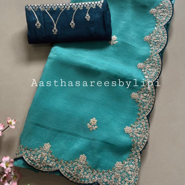 Cut Work Pitta Border Shimmer Chiffon Sarees