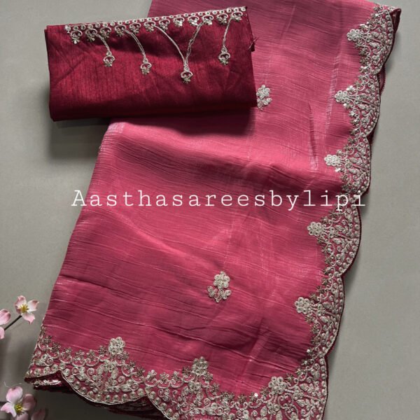 Cut Work Pitta Border Shimmer Chiffon Sarees