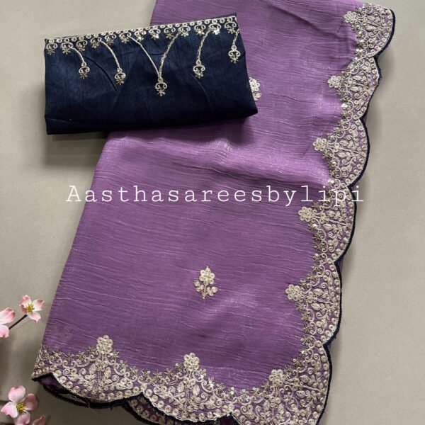 Cut Work Pitta Border Shimmer Chiffon Sarees