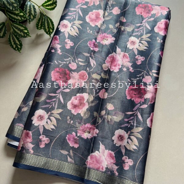 Dark Blue Floral Print Silk Saree