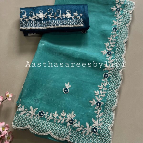 Cut Work Thread Border Shimmer Chiffon Sarees