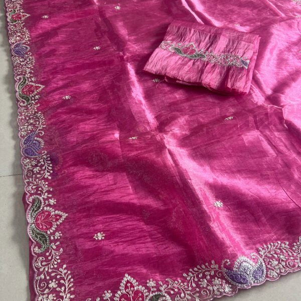 Crush Glass Tissue Organza Pitta Work Sarees