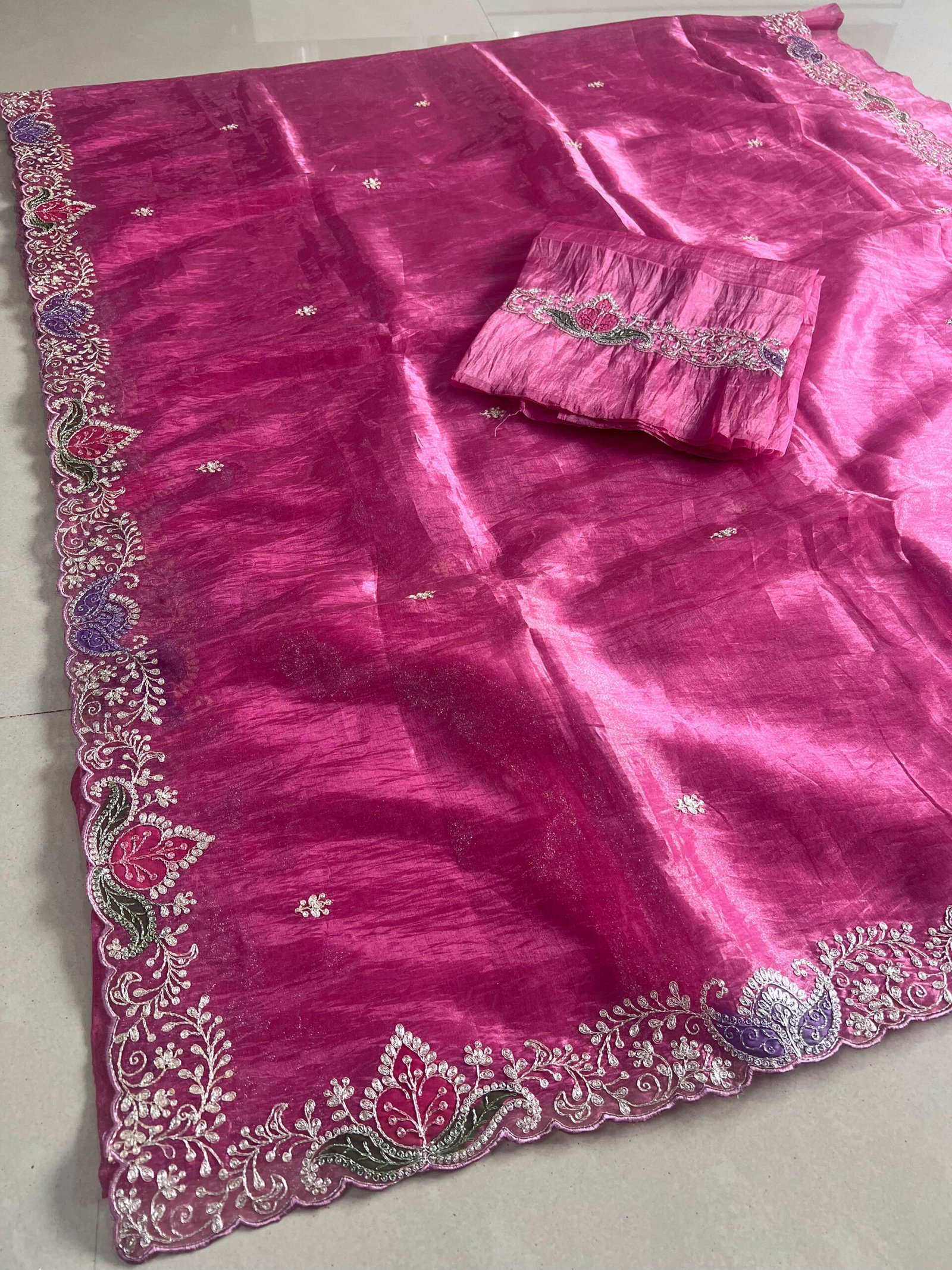 Crush Glass Tissue Organza Pitta Work Sarees