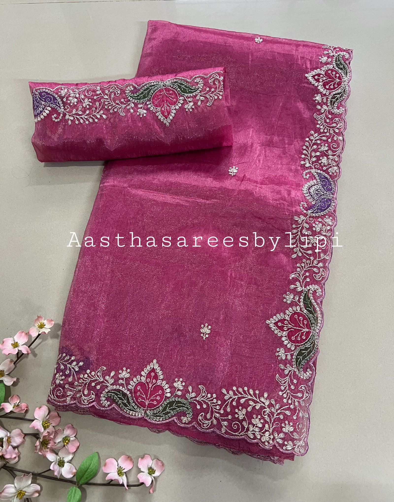Crush Glass Tissue Organza Pitta Work Sarees - Image 2