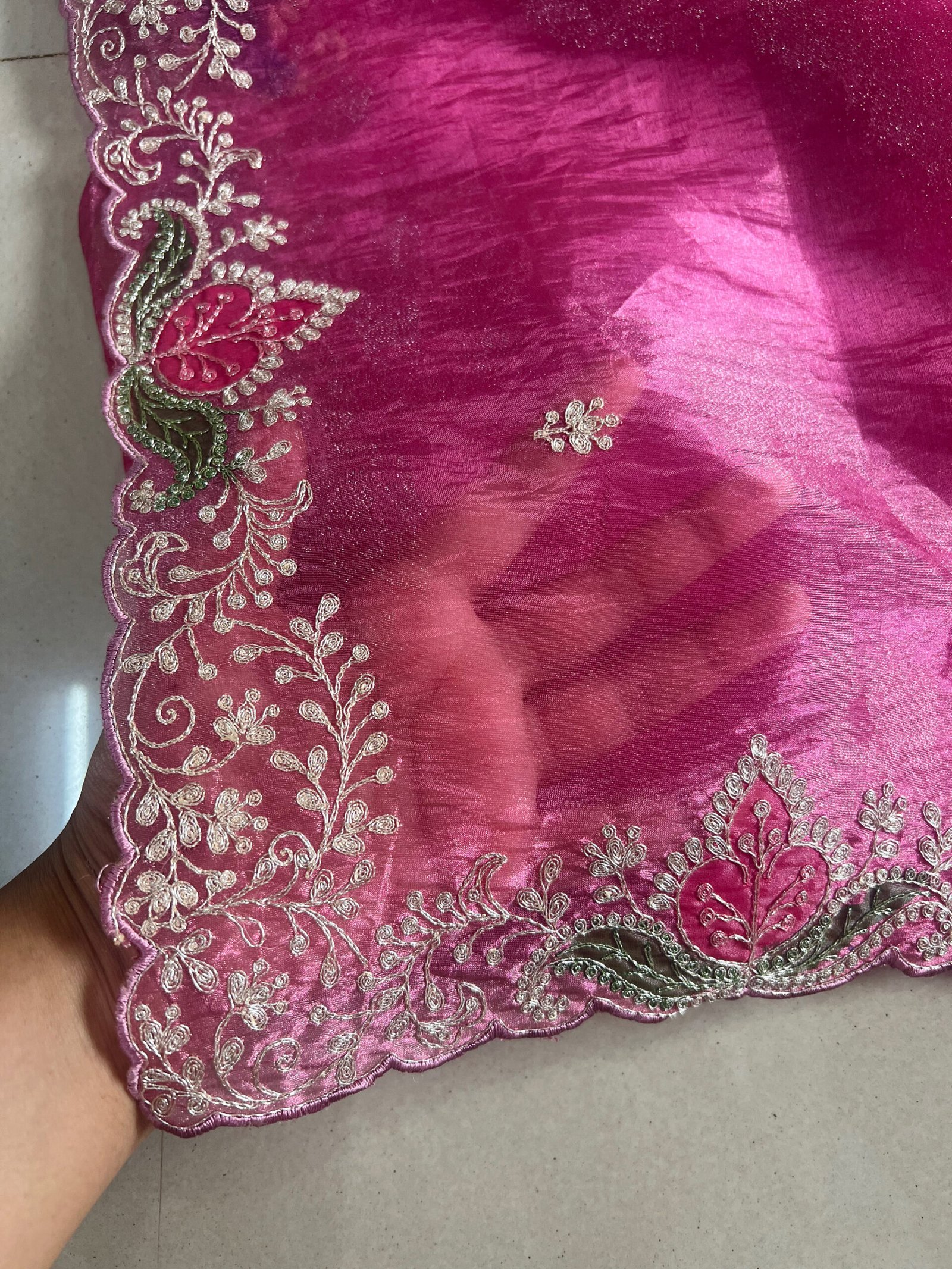 Crush Glass Tissue Organza Pitta Work Sarees - Image 3