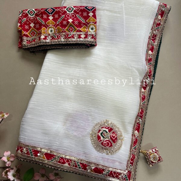 Patola Blouse White Shimmer Chiffon Saree