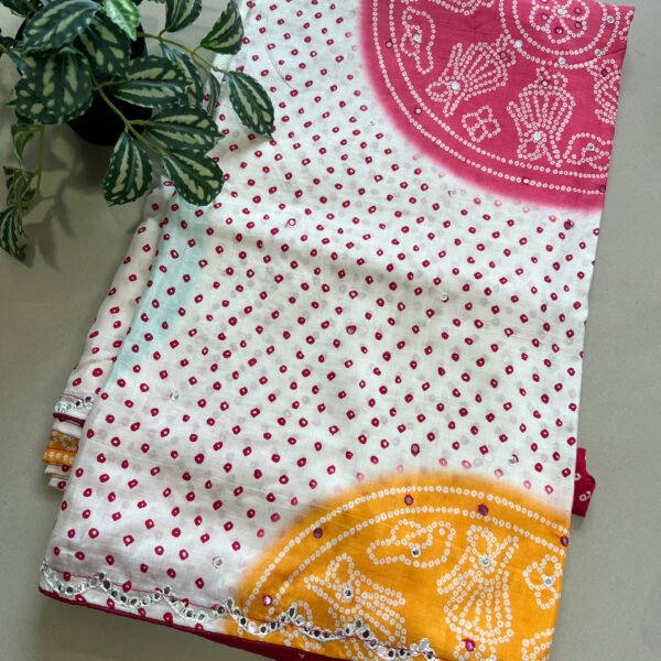Rangoli Bandhej Print Premium Rayon Mul Cotton Saree