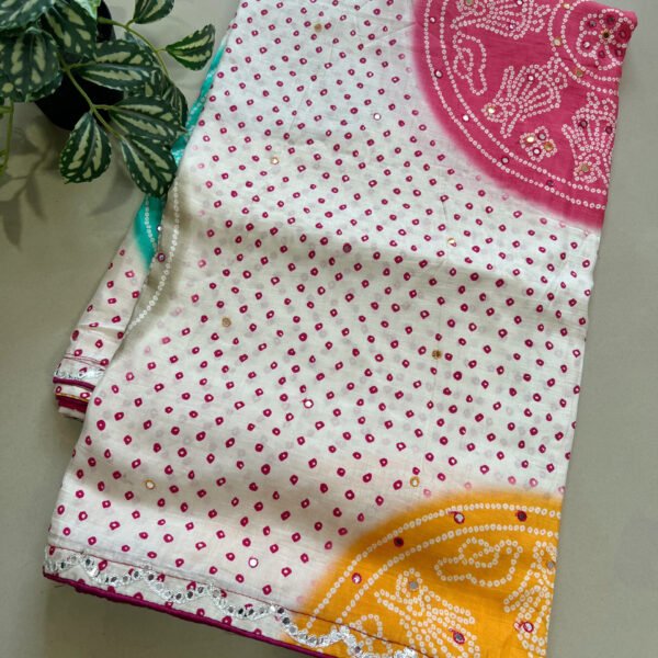 Rangoli Bandhej Print Premium Rayon Mul Cotton Saree