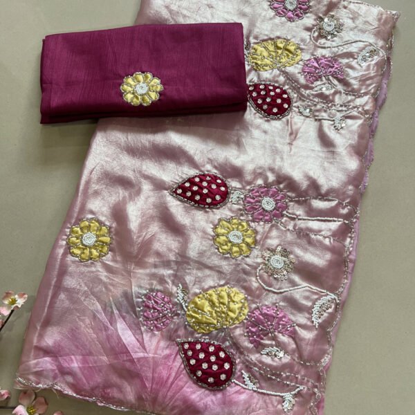Party Wear Hand Work Shimmer Satin Designer Saree