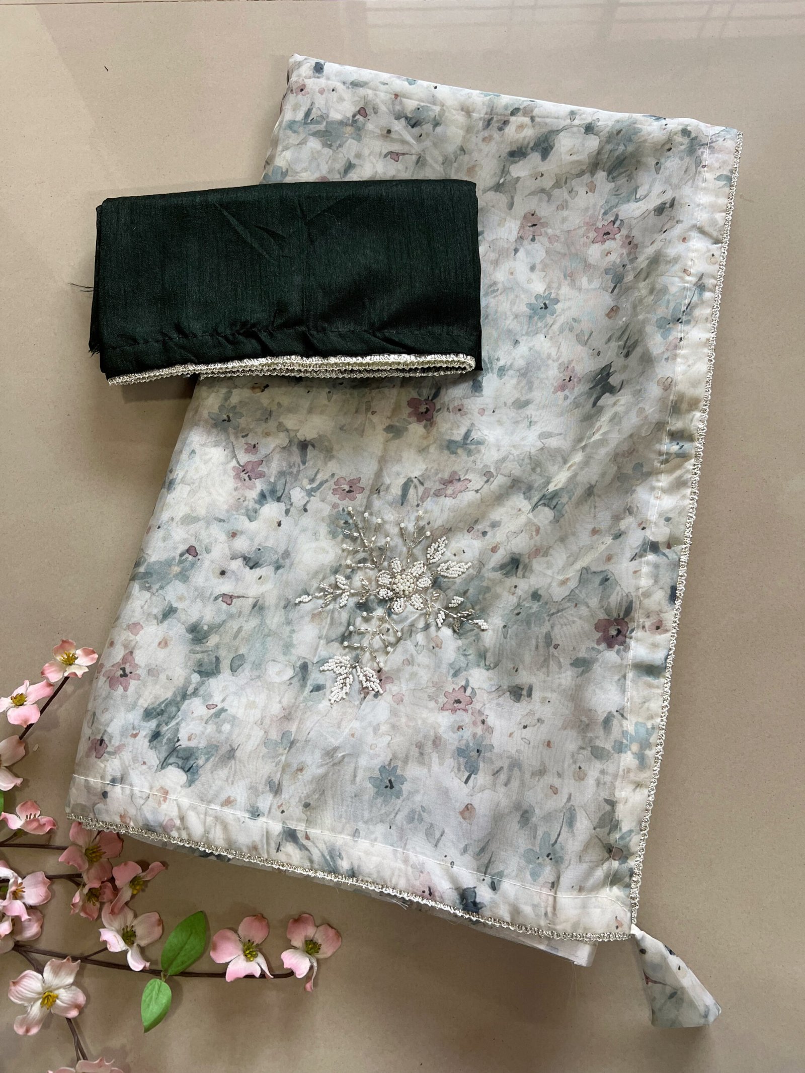 Floral Print Light Work Soft Chiffon Organza Saree