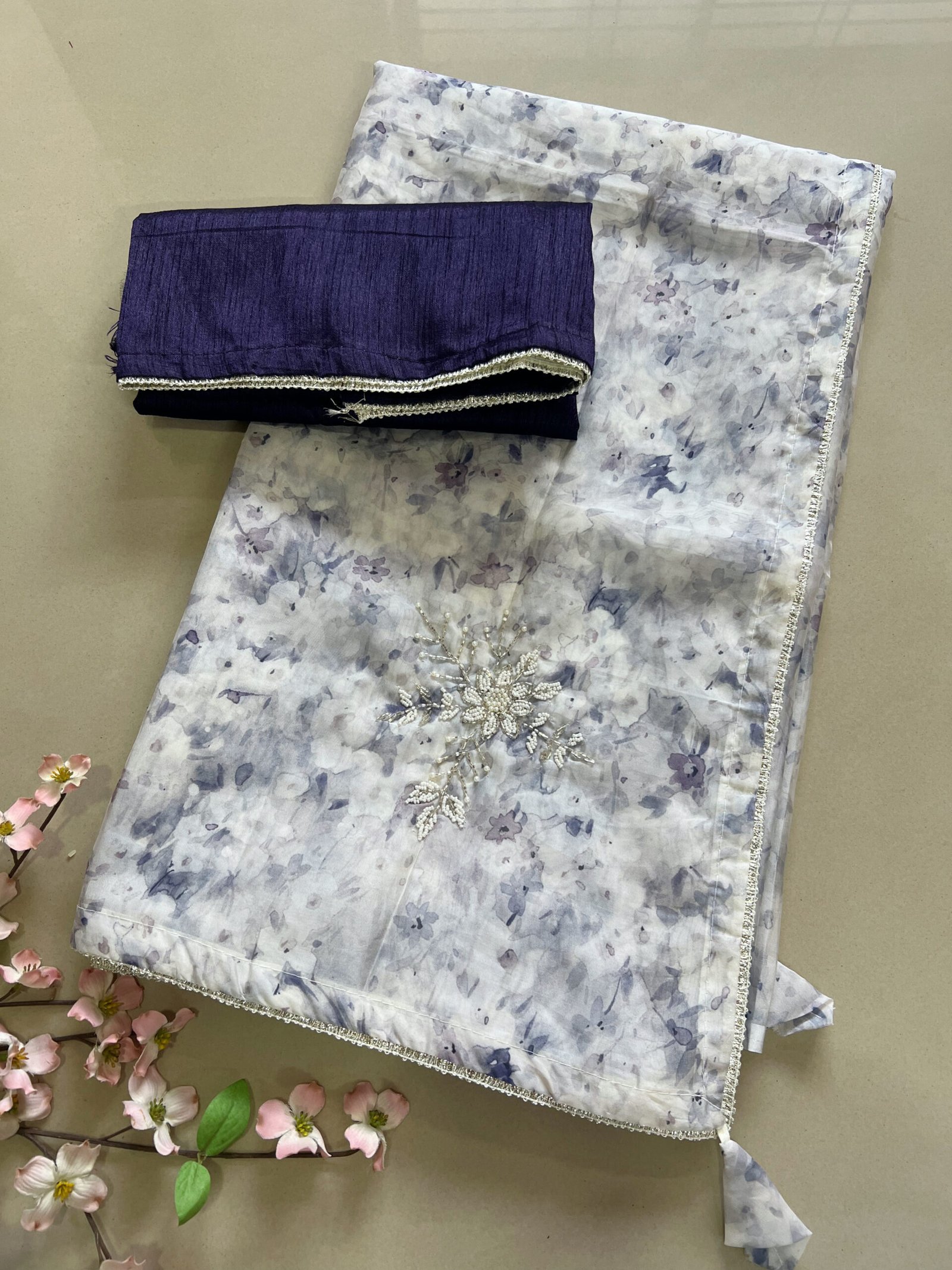 Floral Print Light Work Soft Chiffon Organza Saree