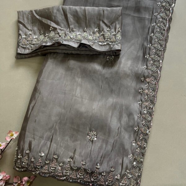 Party Wear Beads Hand Work Shimmer Silk Saree