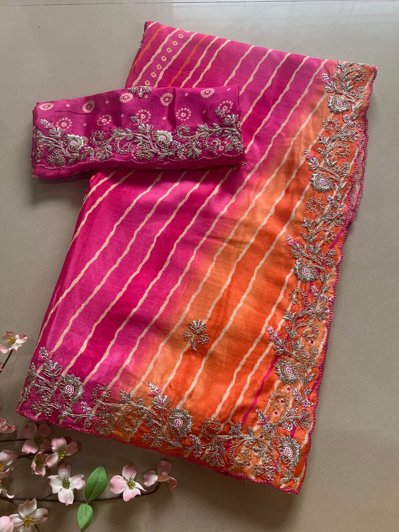 Pitta Work Multi Coloured Lehriya Soft Silk Saree