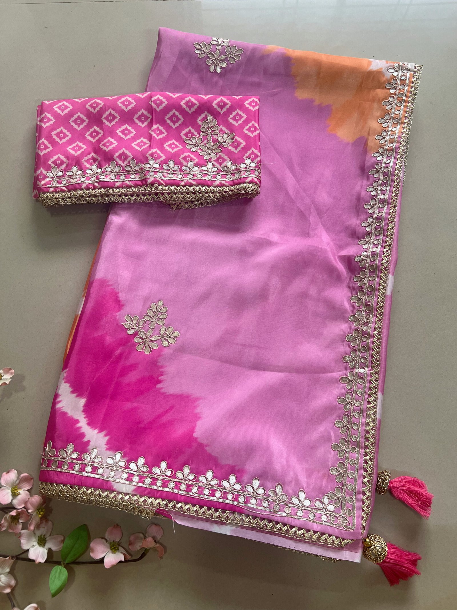 Gotta Patti Semi Lehriya Shimmer Satin Silk Saree