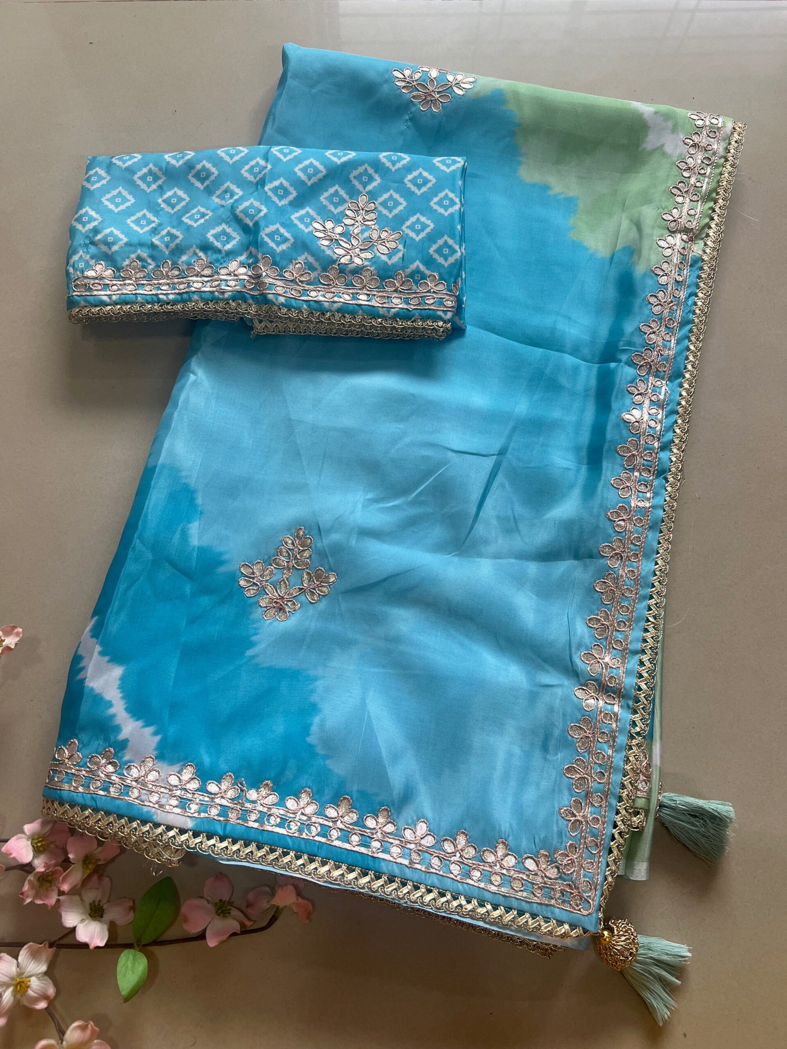 Gotta Patti Semi Lehriya Shimmer Satin Silk Saree