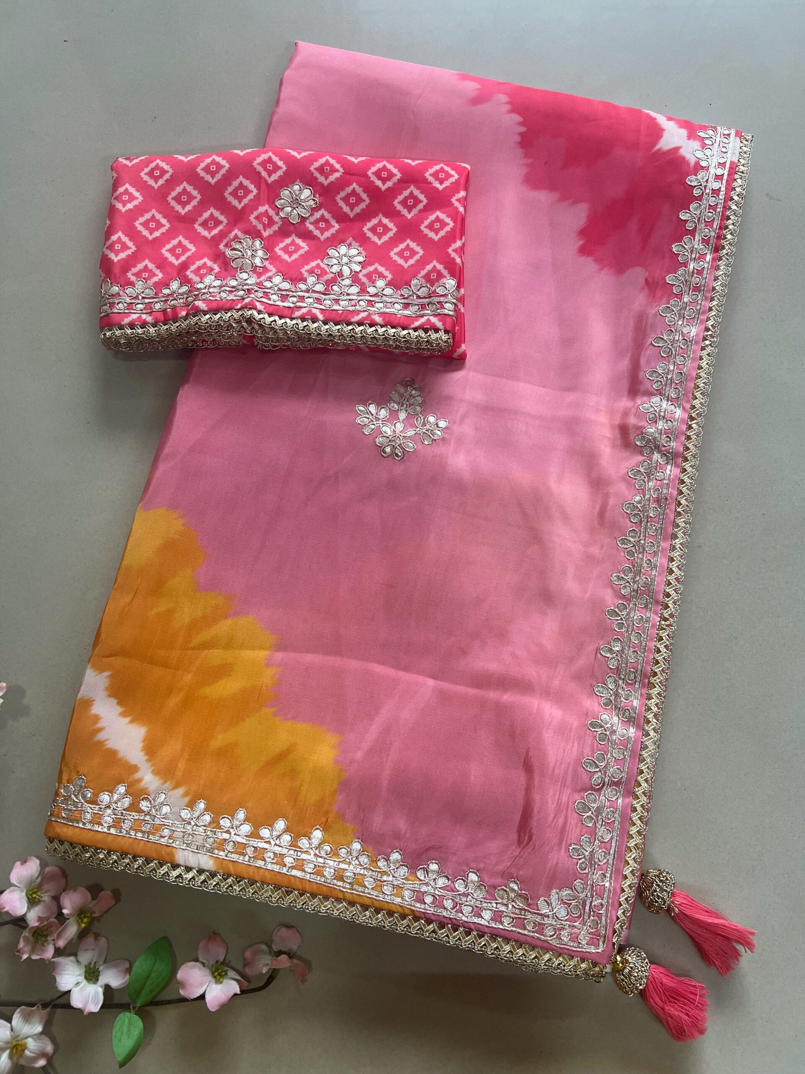 Gotta Patti Semi Lehriya Shimmer Satin Silk Saree