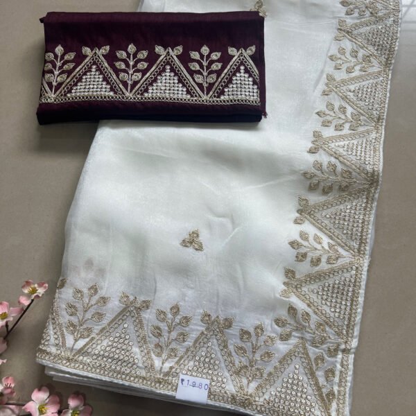 Pitta Work Shimmer Off  White Saree