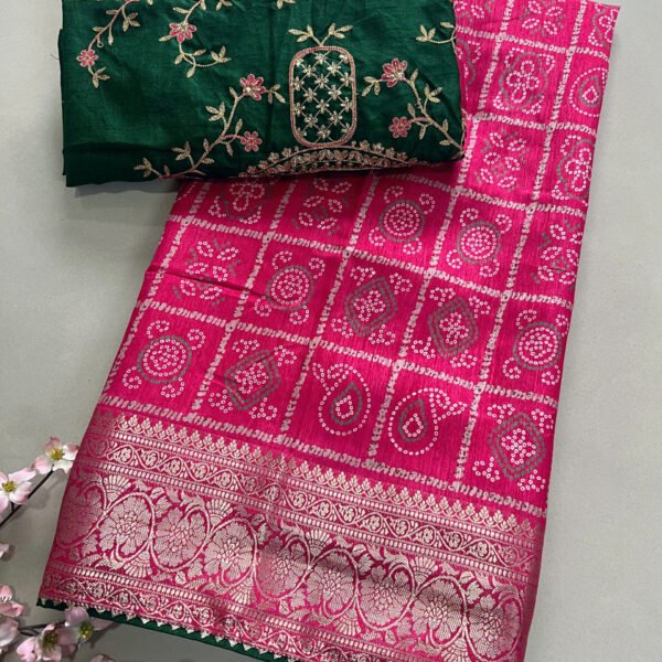 Heavy Contrast Blouse Bandhej Soft Dola Silk Saree