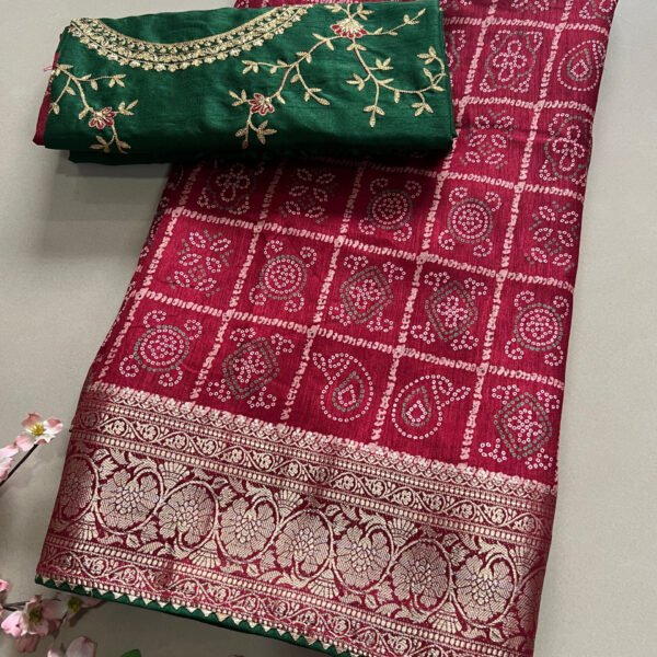 Heavy Contrast Blouse Bandhej Soft Dola Silk Saree