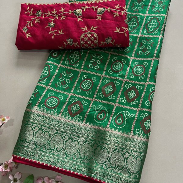 Heavy Contrast Blouse Bandhej Soft Dola Silk Saree
