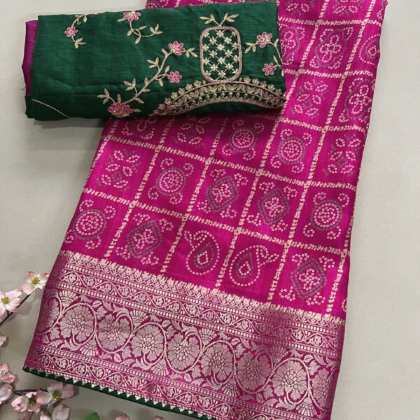 Heavy Contrast Blouse Bandhej Soft Dola Silk Saree