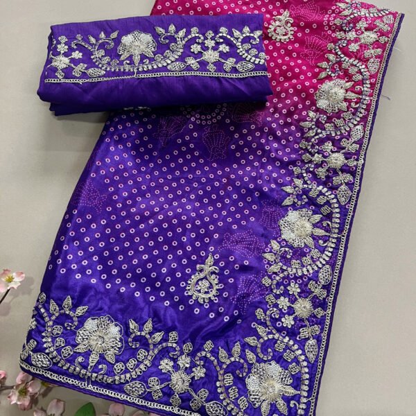 Dual Shade Bandhej Pitta Work Semi Soft Silk Saree