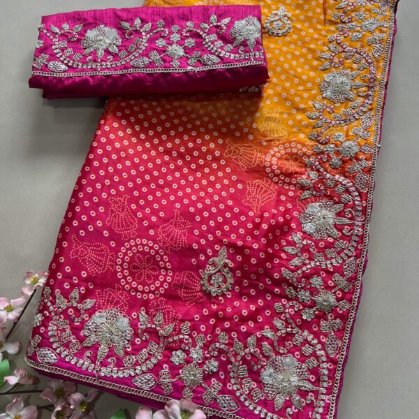 Dual Shade Bandhej Pitta Work Semi Soft Silk Saree