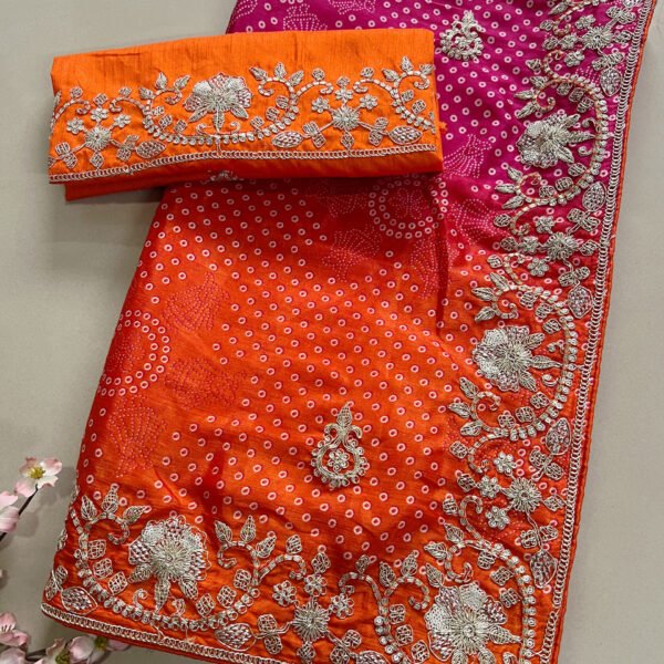 Dual Shade Bandhej Pitta Work Semi Soft Silk Saree