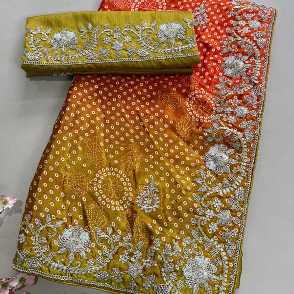 Dual Shade Bandhej Pitta Work Semi Soft Silk Saree