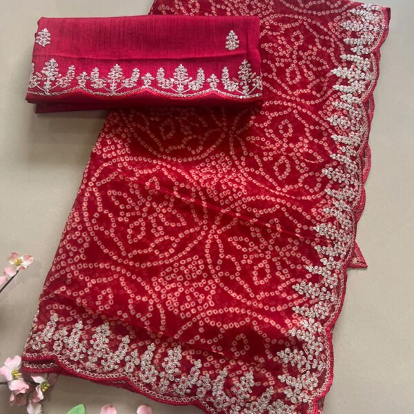 Pitta Work Chiffon Bandhej Saree With Light Work Blouse