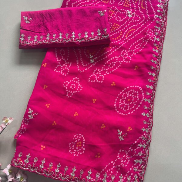 Pink Pitta Work Georgette Bandhej Saree