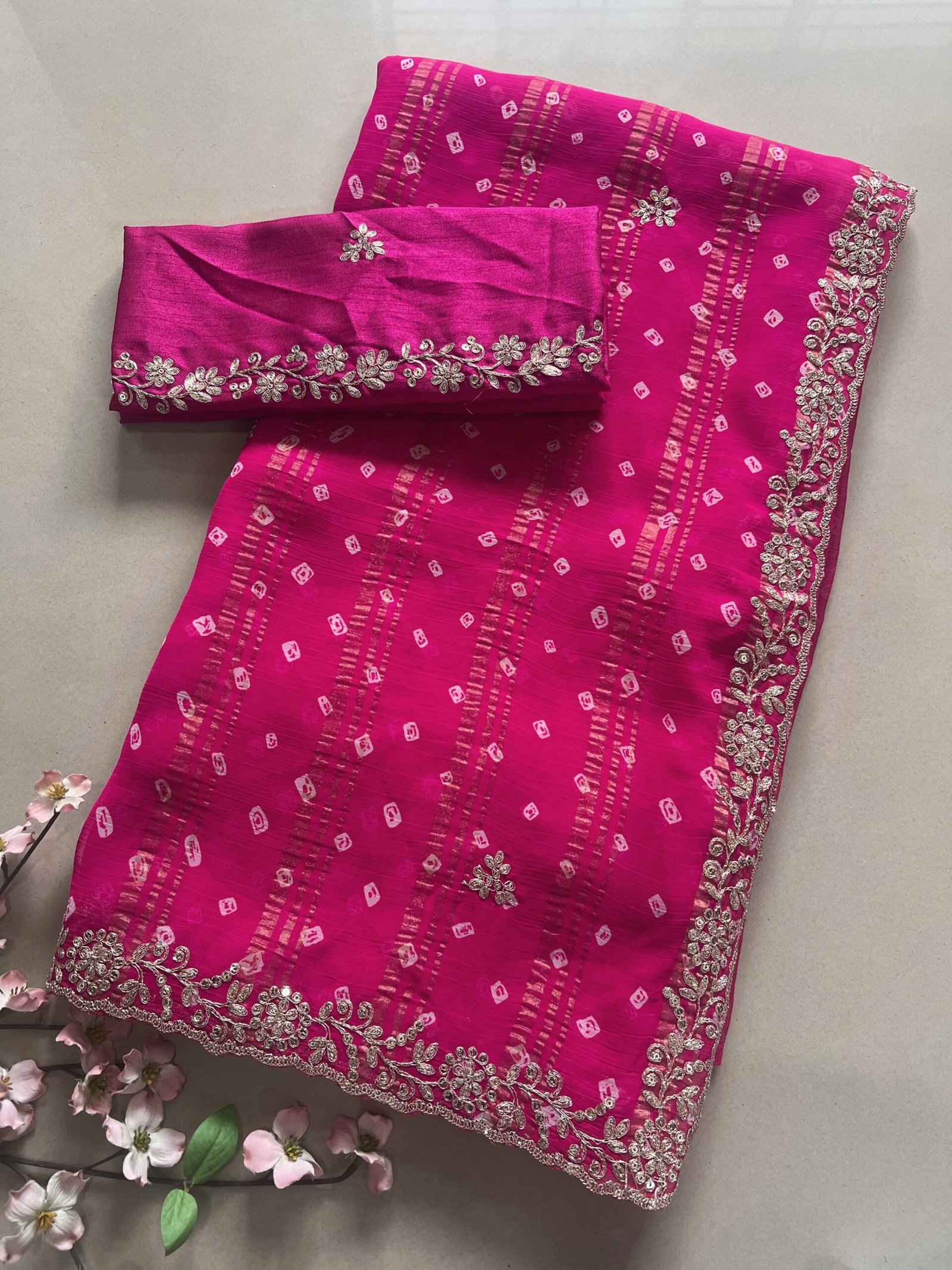 Bandhej Chiffon Pitta Work Saree