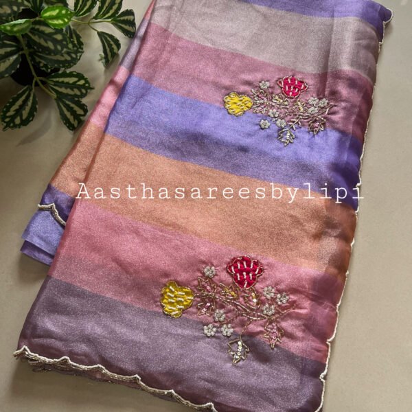 Multi Coloured Soft Semi Shimmer Satin Hand Work Saree