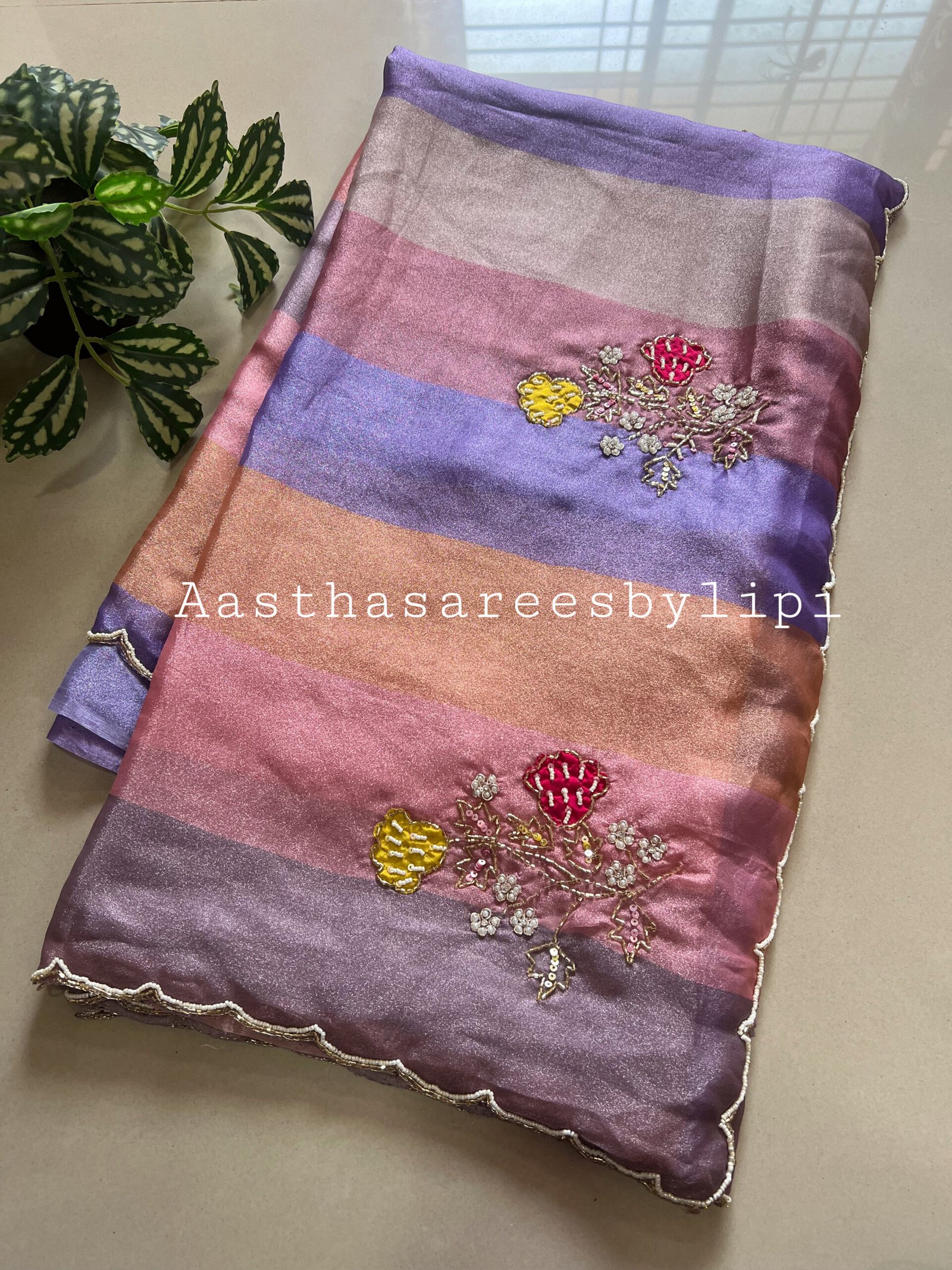 Multi Coloured Soft Semi Shimmer Satin Hand Work Saree