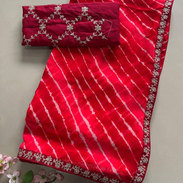 Heavy Blouse Minimal Border Lehriya Georgette Saree