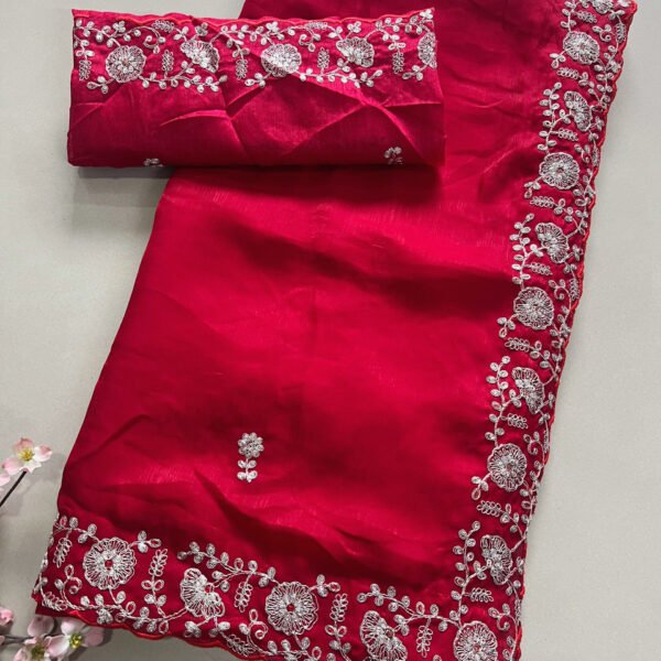 Red Soft Shimmer Silk Pitta Work Saree